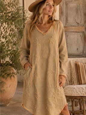 Paperlace Star Embroidered V-Neck Tunic Dress in cotton lightweight denim